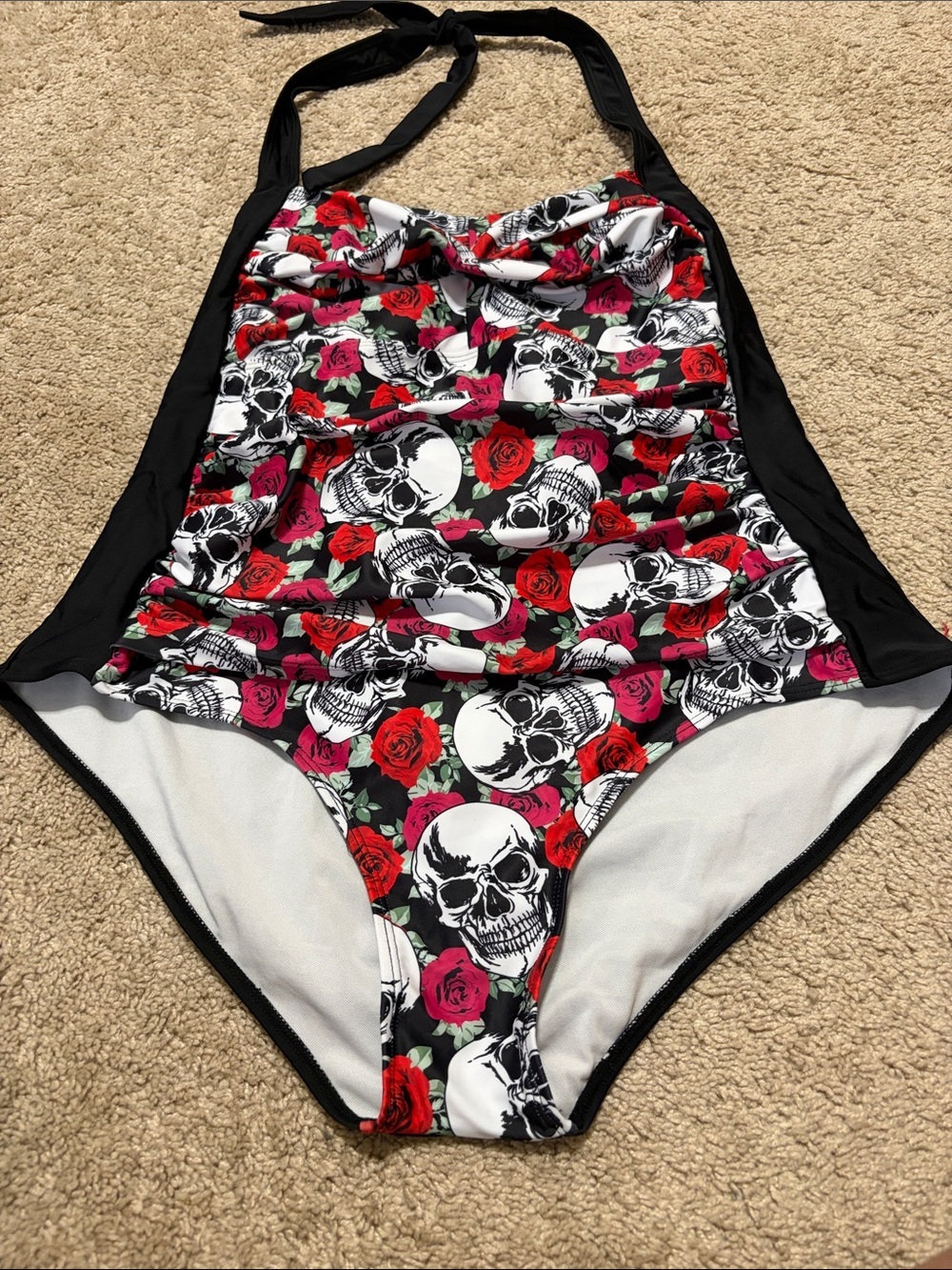 Rosegal Skull & Roses One Piece Swimsuit Halter Size 1X